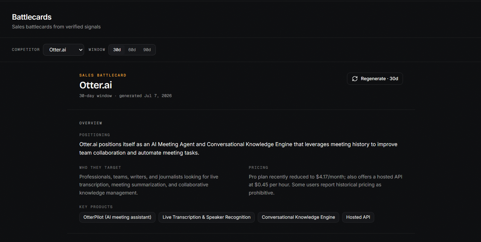 Vaarta battlecard header with positioning, target and pricing sections
